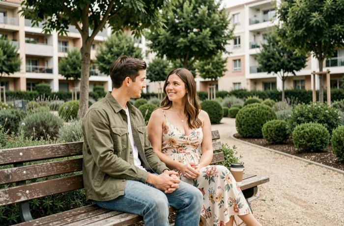 Couple assis sur un banc dans un parc verdoyant du quartier Les Grisettes à Montpellier profitant d'un moment de détente en plein air
