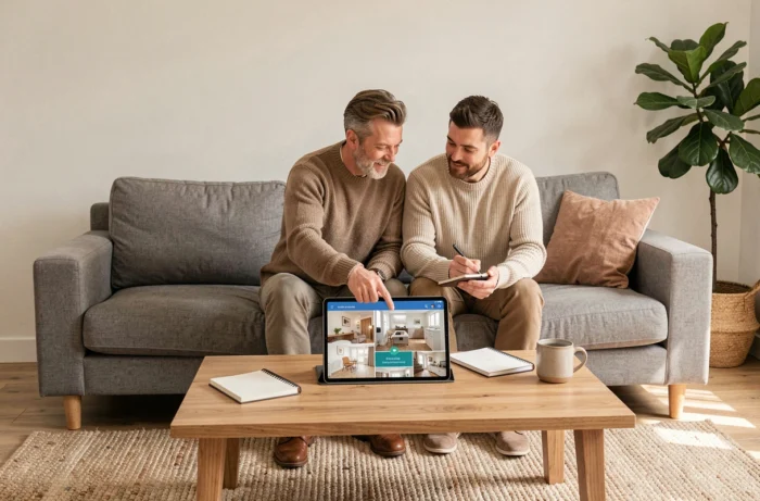 Couple recherchant un bien immobilier ensemble sur une tablette lors d'une visite virtuelle interactive