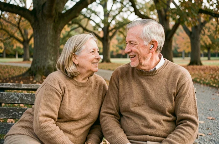 Couple de seniors dans un parc partageant une conversation grâce à un appareil auditif Amplifon