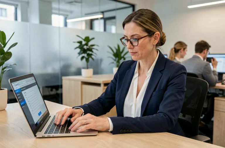 Femme professionnelle créant un compte professionnel sur ordinateur portable dans un bureau moderne