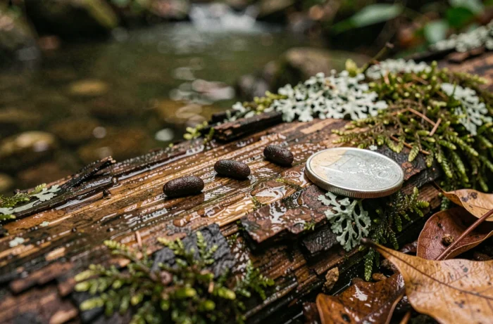 Crottes de salamandre sur une bûche humide en bord de ruisseau forestier avec pièce de monnaie pour l'échelle