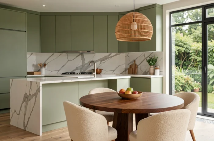 Cuisine ouverte moderne avec façades vert sauge, plan de travail en marbre blanc et salle à manger avec chaises boucle crème