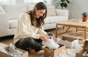 Jeune femme assise sur un parquet en chêne qui déballent des sneakers blanches tendance entourée de boîtes à chaussures ouvertes dans un appartement scandinave