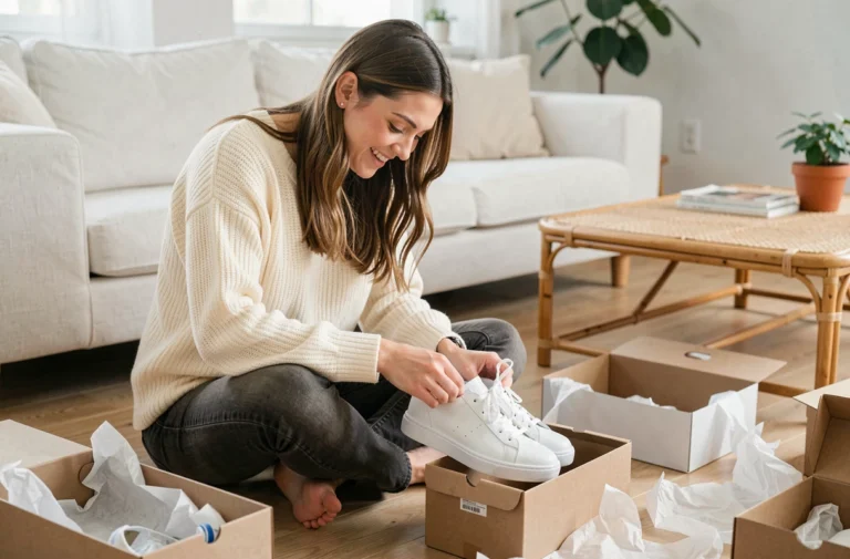Jeune femme assise sur un parquet en chêne qui déballent des sneakers blanches tendance entourée de boîtes à chaussures ouvertes dans un appartement scandinave