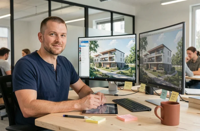 Designer en espace de coworking consultant un rendu 3D architectural réaliste sur double écran