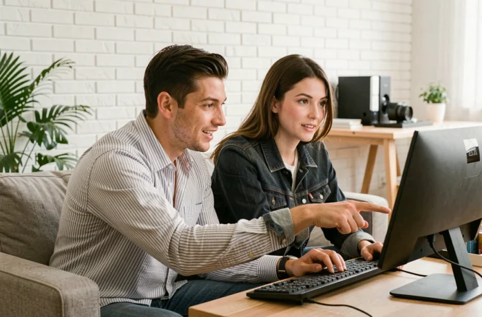 Deux jeunes adultes collaborant devant un ordinateur de bureau pour apprendre l'informatique ensemble