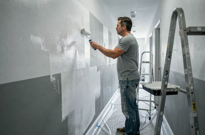 Man applying a second coat of white paint with a microfiber roller to correct marks on a hallway wall