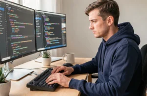 Développeur web masculin travaillant sur un script réseau devant deux écrans de code dans un bureau moderne