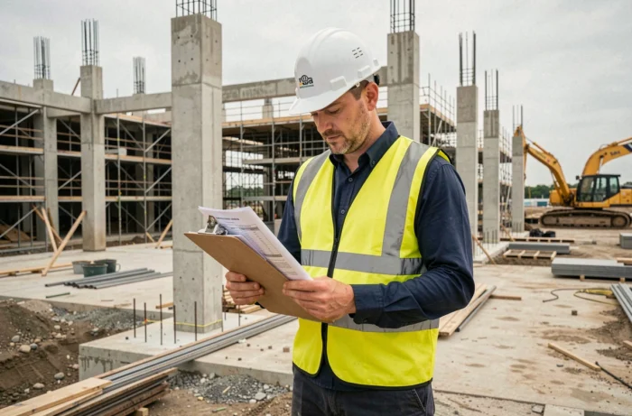 Économiste de la construction portant un casque de chantier et examinant des documents de chiffrage sur un site en construction