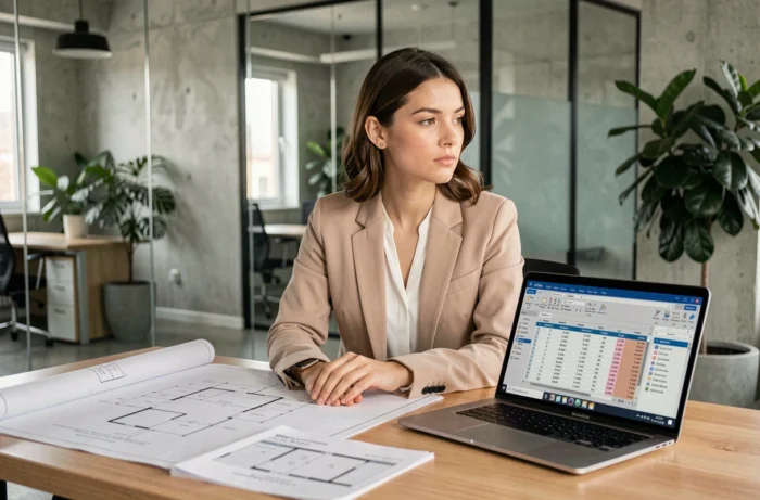 Jeune économiste de la construction analysant des plans et des feuilles de coûts sur son bureau dans un bureau moderne