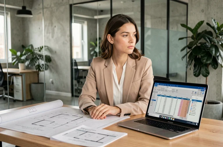 Jeune économiste de la construction analysant des plans et des feuilles de coûts sur son bureau dans un bureau moderne