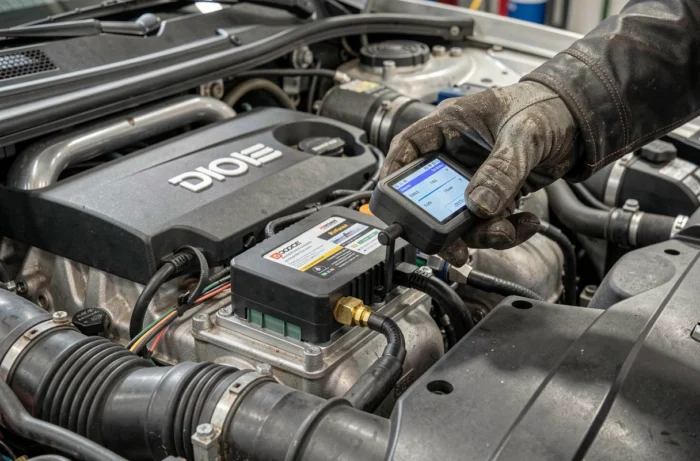 Gros plan sur un module ECU de voiture avec un outil de reprogrammation moteur connecté dans un garage