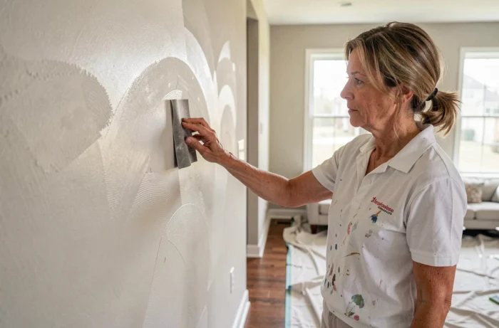 Femme qui ponce un mur intérieur pour éliminer les traces de rouleau après peinture dans un salon en rénovation