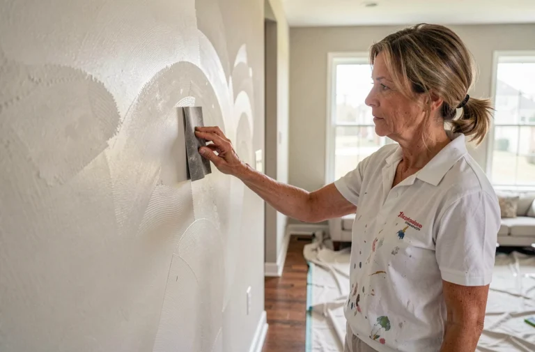 Femme qui ponce un mur intérieur pour éliminer les traces de rouleau après peinture dans un salon en rénovation
