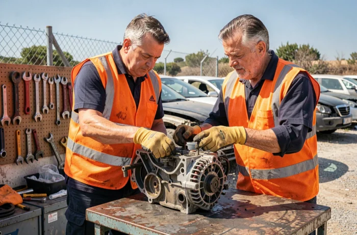 Deux employés démontant un alternateur dans la casse auto AES à Plan de Campagne près de Marseille