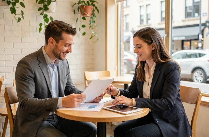 Deux entrepreneurs discutant de leur plan de développement d'entreprise autour d'un café, illustrant le mentorat et l'accompagnement personnalisé proposé par le portail entreprises Scalora-Business