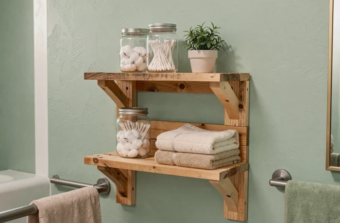 Étagère murale en palette de bois verni dans une salle de bain décorée avec accessoires naturels et plantes