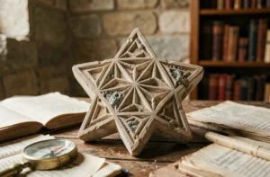 Étoile à 7 branches sculptée en pierre posée sur un bureau ancien entouré de manuscrits ésotériques