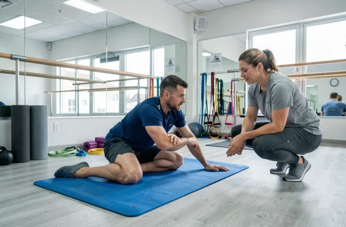 Homme réalisant des exercices d'étirement guidés par un kinésithérapeute dans un studio de physiothérapie équipé
