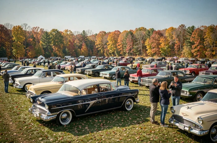 Exposition de voitures de collection en plein air à l'automne avec visiteurs admirant des véhicules anciens des années 1940 aux années 1970