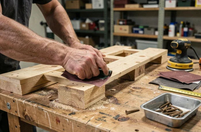 Mains d'artisan ponçant une planche de palette en bois pour fabriquer un meuble de salle de bain DIY