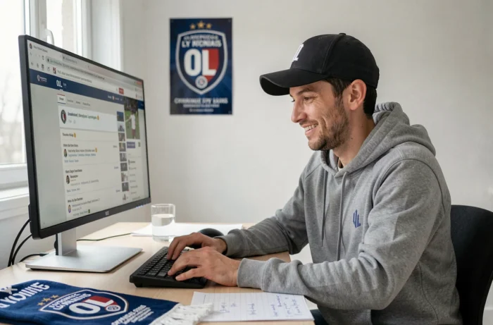 Jeune supporter de l'OL participant activement sur un forum de discussion dédié depuis son bureau