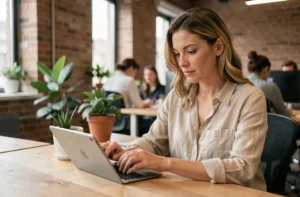 Femme consultant l'actualité sur une tablette numérique dans un bureau moderne et contemporain