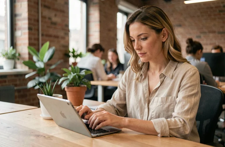 Femme consultant l'actualité sur une tablette numérique dans un bureau moderne et contemporain