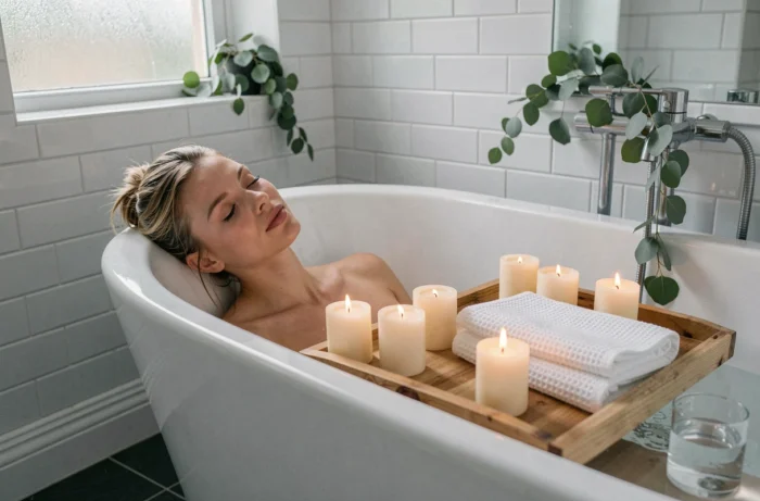 Femme se relaxant dans un bain chaud entourée de bougies et d'accessoires bien-être dans une salle de bain épurée
