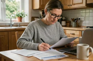 Femme consultant des documents d'assurance auto à une table en bois dans une cuisine moderne