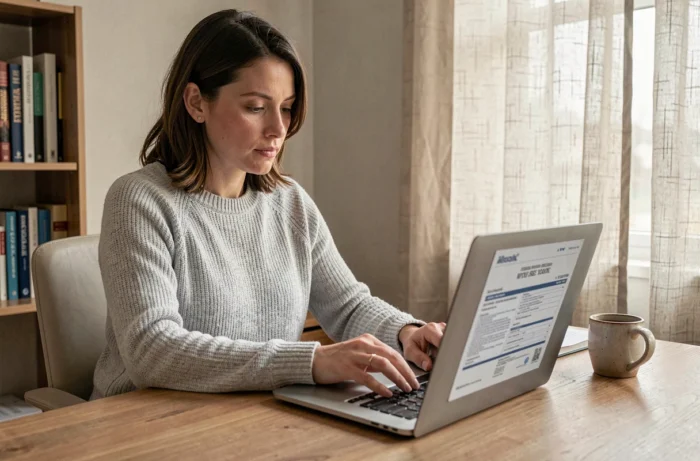 Femme consultant des documents d'assurance en ligne sur un ordinateur portable dans un bureau à domicile