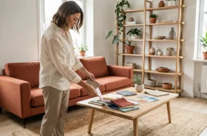 Femme examinant des échantillons de tissus et de couleurs dans un salon de style scandinave meublé avec soin