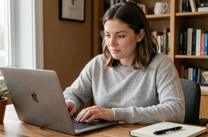 Femme débutante en informatique suivant un tutoriel sur son ordinateur portable dans un bureau à domicile