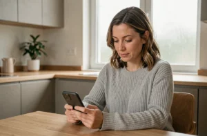 Femme utilisant son smartphone pour faire une demande de mini prêt rapide sans justificatif depuis son domicile