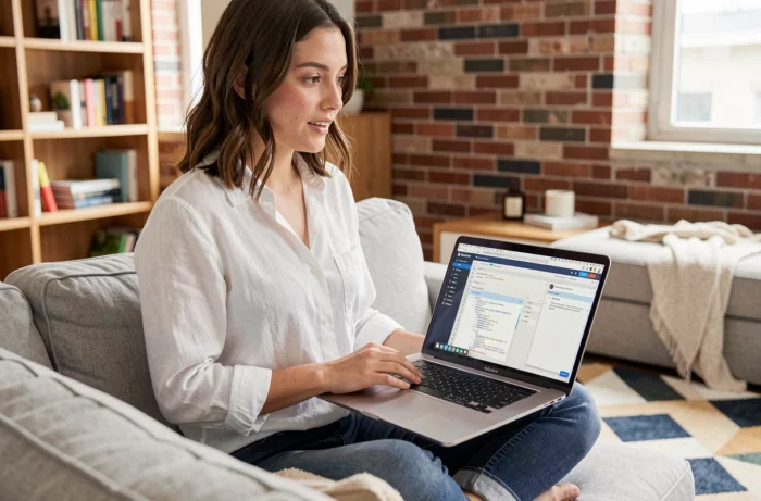 Femme développeuse utilisant un tableau de bord de scripting web sur laptop dans un salon contemporain