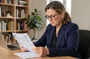 Femme consultant un document de franchise assurance Macif dans un bureau à domicile