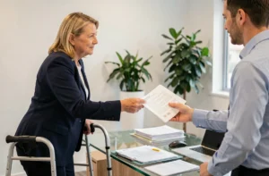Femme en situation de handicap consultant un conseiller bancaire pour un prêt immobilier avec pension d'invalidité