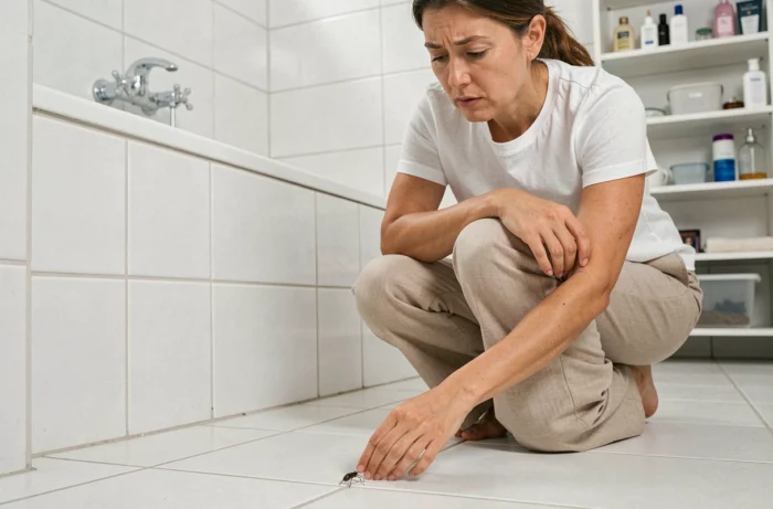 Femme inspectant un insecte noir sauteur au sol dans une salle de bain carrelée