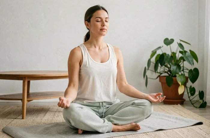 Femme pratiquant la méditation assise en tailleur sur un tapis de yoga dans un salon minimaliste et apaisant