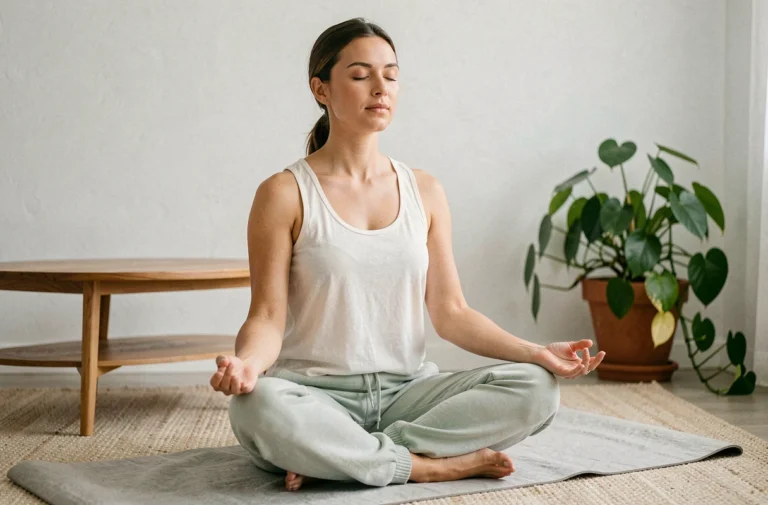 Femme pratiquant la méditation assise en tailleur sur un tapis de yoga dans un salon minimaliste et apaisant