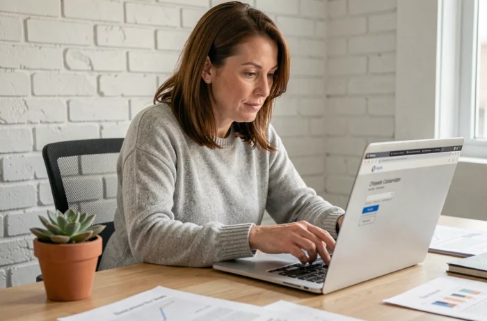 Femme naviguant sur la carte du site d'un blog tendance depuis son bureau à domicile