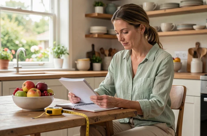 Femme de 40 ans consultant un journal nutritionnel avec un mètre ruban sur une table de cuisine, illustrant le suivi du poids idéal et de l'alimentation équilibrée