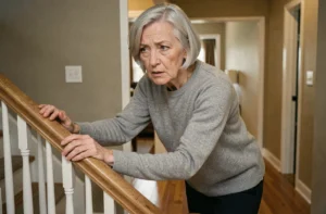 Femme âgée se tenant à une rampe d'escalier pour retrouver son équilibre, illustrant les troubles de l'équilibre d'origine neurologique