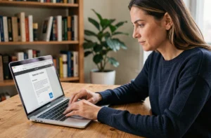 Femme signant une pétition en ligne sur un ordinateur portable dans un bureau à domicile, illustration de campagne citoyenne numérique