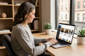 Femme consultant un portail d'informations en ligne sur un ordinateur portable dans un bureau à domicile moderne