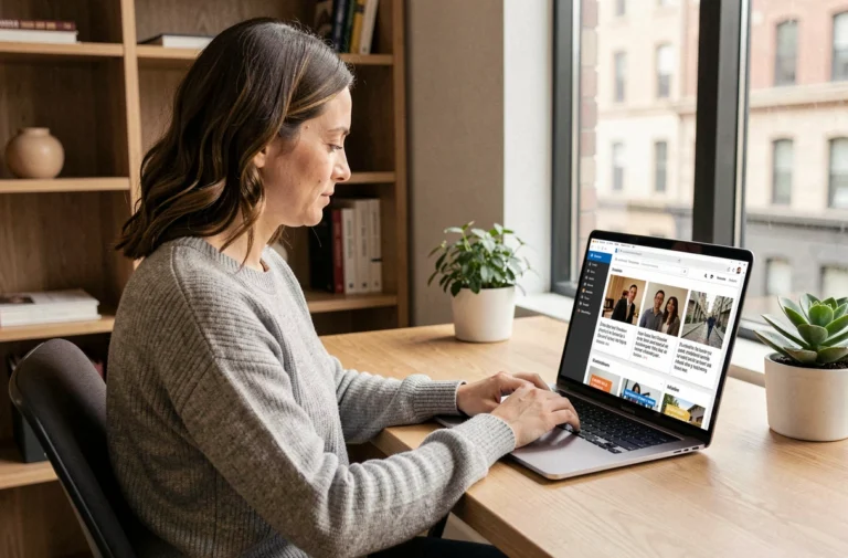 Femme consultant un portail d'informations en ligne sur un ordinateur portable dans un bureau à domicile moderne