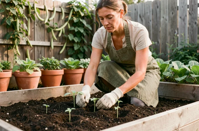 Femme transplantant des plants de tomates dans un potager bio surélevé en bois avec un fond de jardin verdoyant