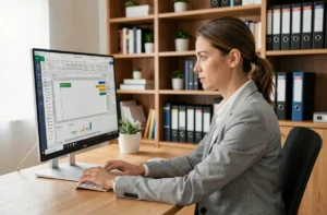 Femme professionnelle organisant des fichiers bureautiques sur un grand écran dans un bureau à domicile bien rangé