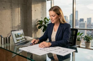 Femme professionnelle analysant des documents immobiliers dans un bureau moderne pour un investissement en 2024