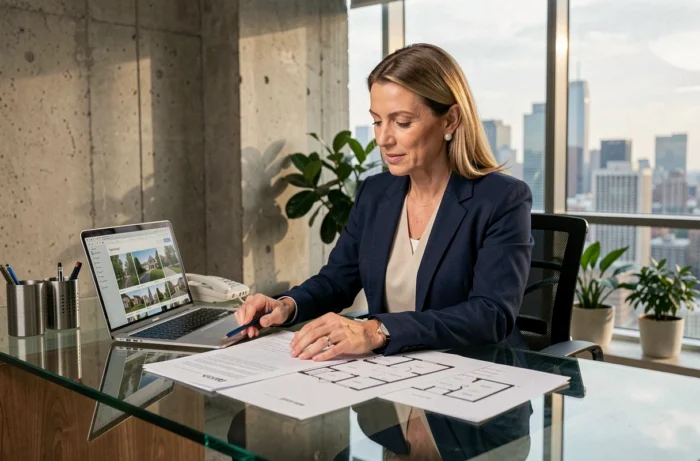 Femme professionnelle analysant des documents immobiliers dans un bureau moderne pour un investissement en 2024